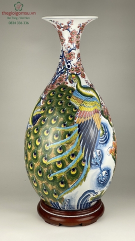 Bình Tỳ Bà "Chim công hoa đào" nền trắng tuyết