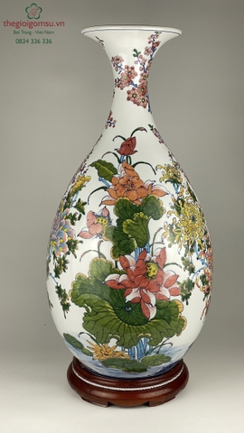 Bình Tỳ Bà "Chim công hoa đào" nền trắng tuyết