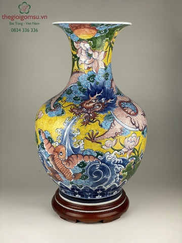 Bình tỏi phong thủy "Cá chép hóa rồng" nền vàng đại cát