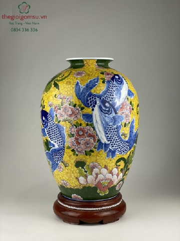 Bình hoa dáng vò "vẽ cá chép bách hoa" nền vàng đại cát