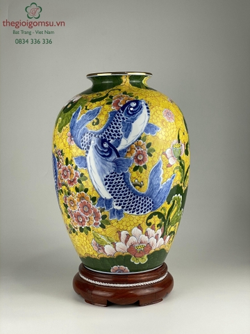 Bình hoa dáng vò "vẽ cá chép bách hoa" cổ vẽ vàng.