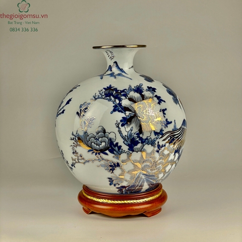 Bình hút Tài Lộc "Sen Hạc" men tràm vẽ vàng kim