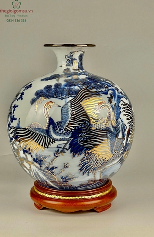 Bình hút Tài Lộc "Sen Hạc" men tràm vẽ vàng kim