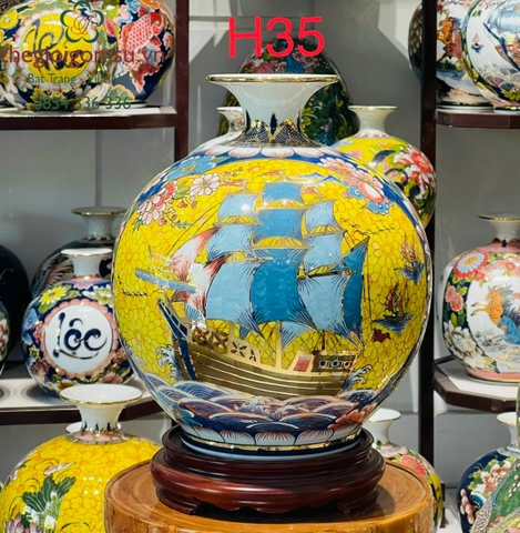 Bình hút Tài Lộc "Thuận Buồm Xuôi Gió - Mã Đáo Thành Công" vẽ vàng kim nền vàng đại cát