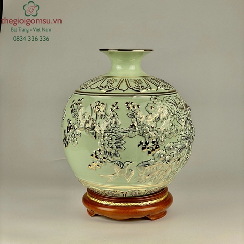 Bình Hút Tài Lộc "Phú Quý Trường Xuân" đắp nổi màu xanh ngọc vẽ vàng 24k