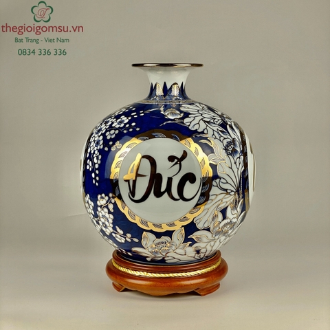 Bình Hút Tài Lộc " Chữ Phức, Đức, Tài, Lộc" nền hoa xanh coban vẽ vàng 24k