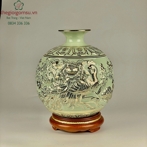 Bình Hút Tài Lộc "Phú Quý Trường Xuân" đắp nổi màu xanh ngọc vẽ vàng 24k