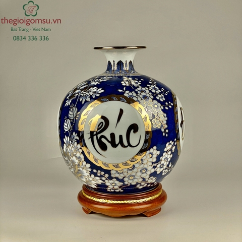 Bình Hút Tài Lộc " Chữ Phức, Đức, Tài, Lộc" nền hoa xanh coban vẽ vàng 24k