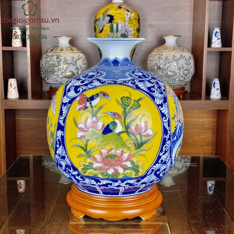 Bình Hút Tài Lộc "Tứ cảnh đôi chim màu" nền màu vàng