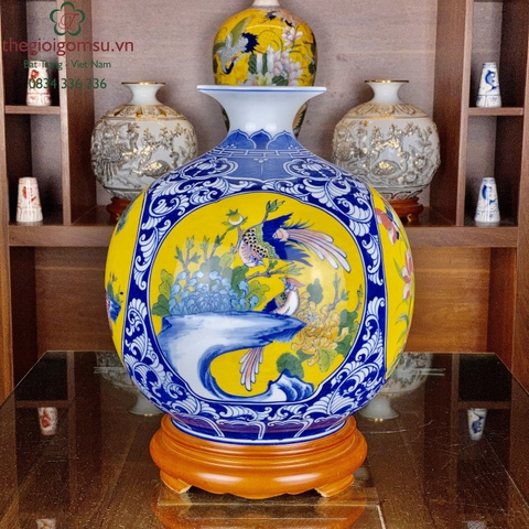 Bình Hút Tài Lộc "Tứ cảnh đôi chim màu" nền màu vàng