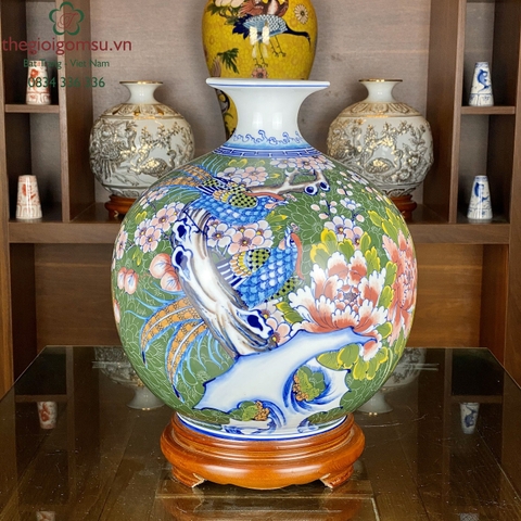 Bình Hút Tài Lộc "Chim Trĩ Bách Hoa" nền hoa gấm xanh