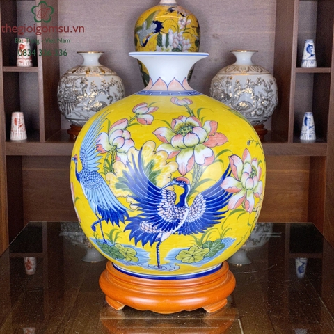 Bình Hút Tài Lộc "Chim Hạc Hoa Sen" nền vàng đại cát