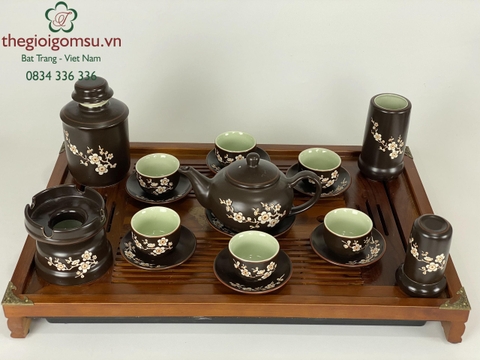 Ấm chén dáng chóp cao cấp khắc hoa đào