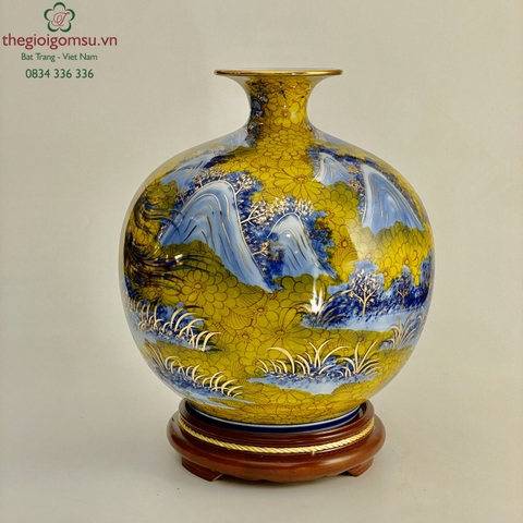 Bình Hút Tài Lộc "Bát Mã Truy Phong" nền hoa vàng đại cát vẽ vàng 24k