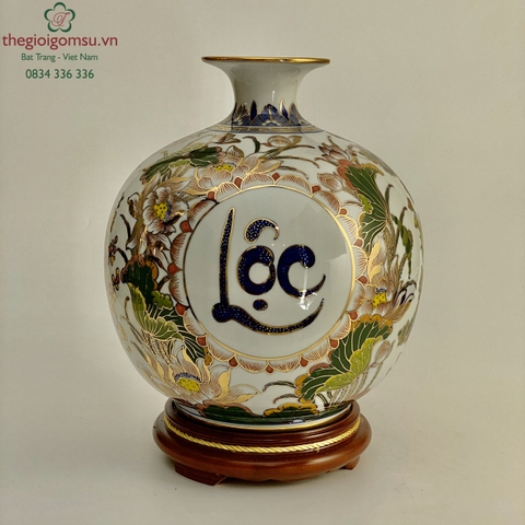 Bình hút tài lộc "Phúc- Lộc- Thọ" viền hoa trang trí màu vẽ vàng 24k