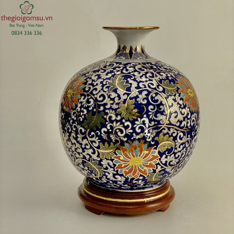 Bình Hút Tài lộc "Hoa Dây" nền xanh coban vẽ vàng 24k