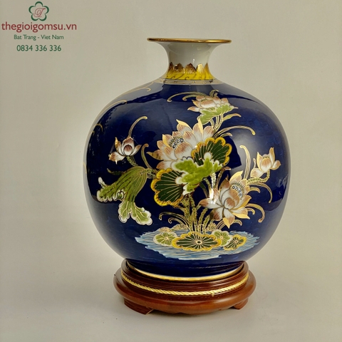 Bình Hút Tài Lộc "Phú Quý Trường Xuân" màu xanh coban vẽ vàng 24k