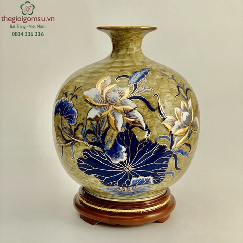 Bình Hút Tài Lộc "Chùa một cột hoa sen màu" gại nổi 3D vẽ vàng 24k