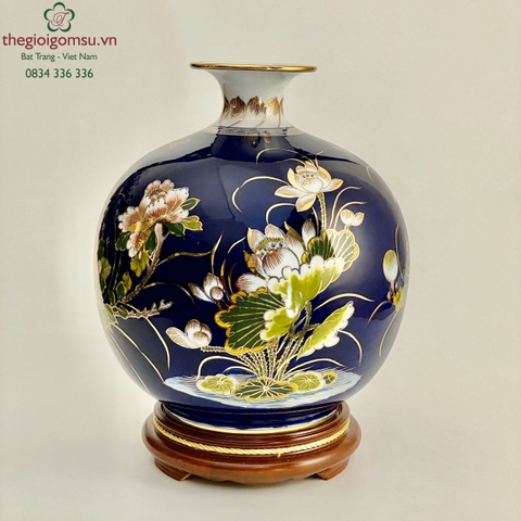 Bình Hút Tài Lộc "Công Thành Danh Toại" màu xanh coban vẽ vàng 24k