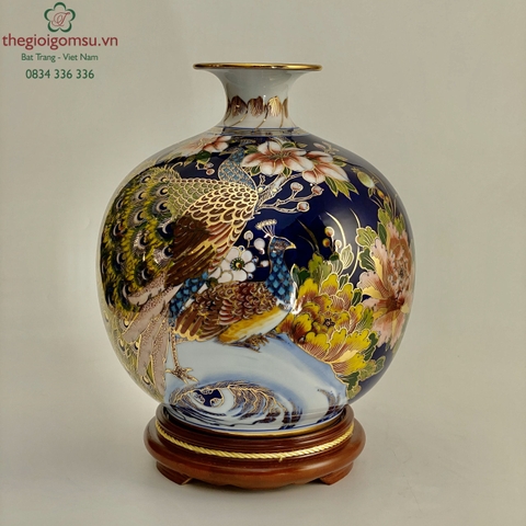 Bình Hút Tài Lộc "Công Thành Danh Toại" màu xanh coban vẽ vàng 24k