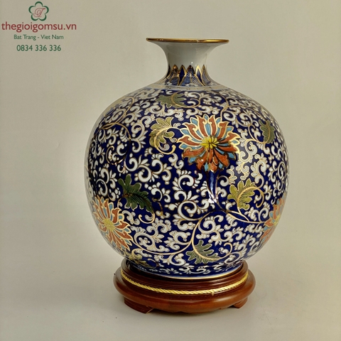 Bình Hút Tài lộc "Hoa Dây" nền xanh coban vẽ vàng 24k