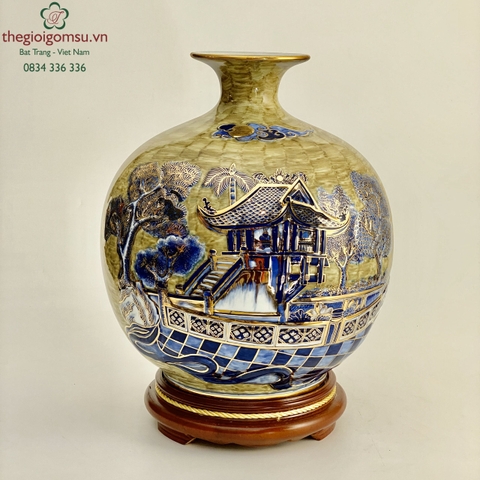 Bình Hút Tài Lộc "Chùa một cột hoa sen màu" gại nổi 3D vẽ vàng 24k