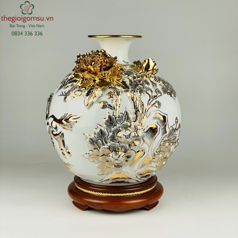 Bình Hút Tài Lộc " Bát Mã Truy Phong" nền trắng nổi vẽ vàng 24k