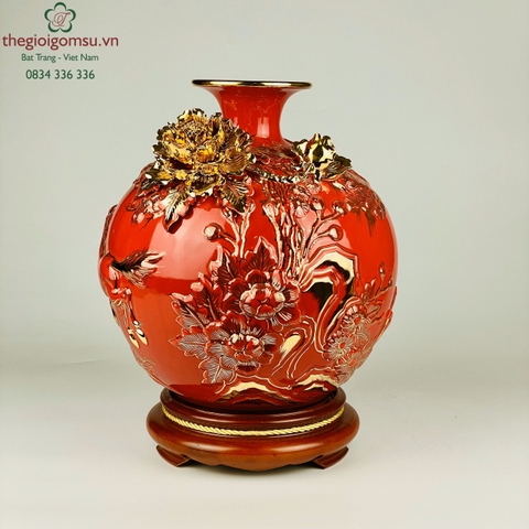 Bình Hút Tài Lộc "Mã đáo thành công nền đỏ " đắp nổi vẽ vàng 24k