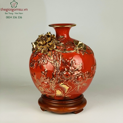 Bình Hút Tài Lộc "Thuận Buồm Xuôi Gió " vẽ vàng 24k đắp nổi màu nền đỏ