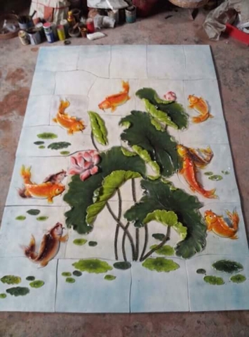 TRANH GỐM ĐẮP NỔI CỬU NGƯ QUẦN HỘI