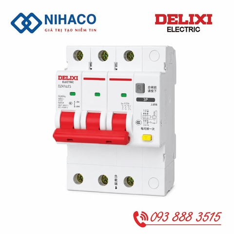 Aptomat Chống Giật Delixi DZ47sLES 3P 16A 6kA - RCBO Delixi 3 Pha