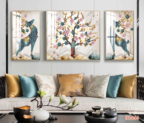 Bộ 3 tranh treo tường cây kim tiền và hươu tài lộc - P91444