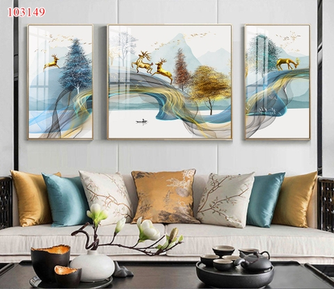 Bộ 3 tranh treo tường cây kim tiền và hươu tài lộc - P103149
