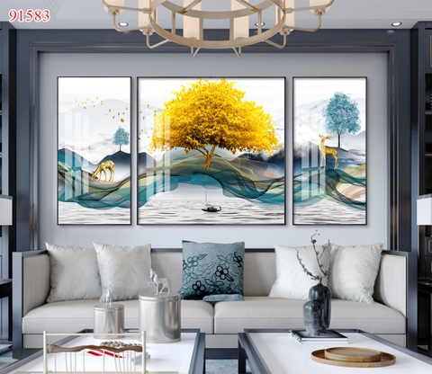 Bộ 3 tranh treo tường cây kim tiền và hươu tài lộc - P91583