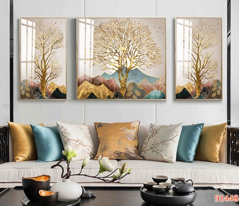 Bộ 3 tranh treo tường cây kim tiền và hươu tài lộc - P91448