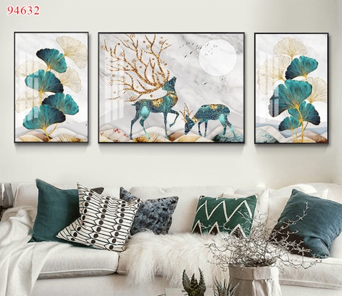 Bộ 3 tranh treo tường cây kim tiền và hươu tài lộc - P94632