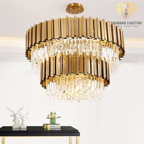 đèn chùm 2 tầng pha lê xi vàng đồng cao cấp