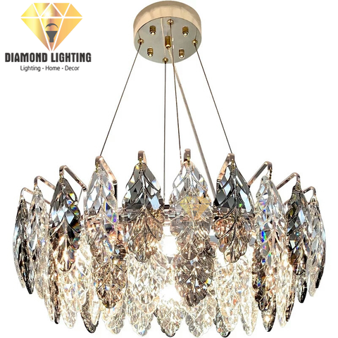 DIAMOND LIGHTING ĐÈN CHÙM LÁ PHA LÊ CAO CẤP  HIỆN ĐẠI VÀNG XÁM - DCCC 2247