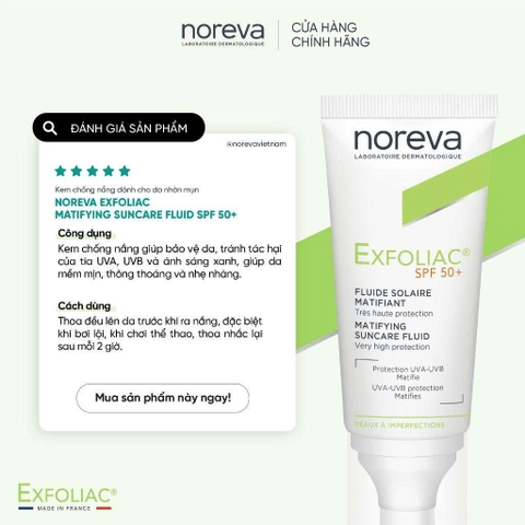 Kem chống nắng Noreva Exfoliac Suncare Fluid SPF 50+ 40ml - Cho da nhờn mụn, nhạy cảm