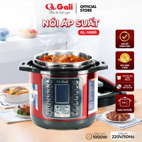 Nồi áp xuất GALI GL-1606R Nguồn điện: 220V/50Hz. Công suất: 1000W. Dung tích: 6 Lít.