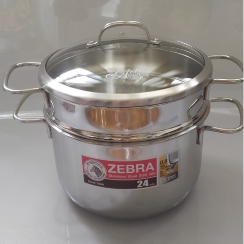 BỘ NỒI XỬNG HÁP ZEBRA INOX 304-Thái Lan 24cm-6.2L- 3 đáy-163640, NẮP KÍNH - TẦNG HẤP CAO 10CM