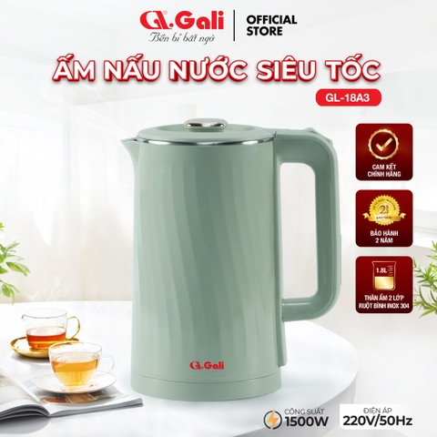 Ấm đun nước siêu tốc gali GL-18A3 2 lớp cách nhiệt Inox 304 công suất 1500W dung tích 1.8L  Chất lượng hàng hóa nhập khẩu (Tem hợp quy CR)