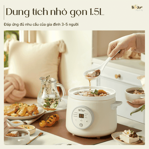 Nồi nấu chậm 1.5L Bear SB-NNC15 - Công suất: 120W - Điện áp: 220V ~ 50Hz - Dung tích 1,5L - Nấu trực tiếp, nắp thuỷ tinh - Màu sắc: Kem