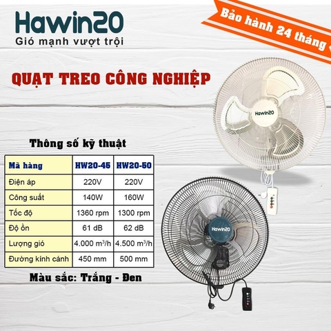 Quạt treo công nghiệp Hawin20 HW20-50 140w cánh nhôm 45cm