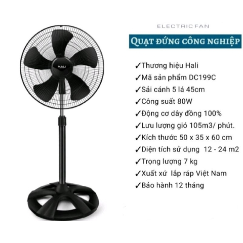 Quạt Đứng Hali công nghiệp DC199C 80W ,sải cánh 45cm