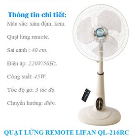 QUẠT LỬNG REMOTE LIFAN QL-216RC quạt lỡ thấp êm mát dùng phòng khách, phòng ngủ, bảo hành 1 năm