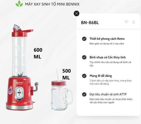 Máy xay sinh tố mini 600ml Bennix, BN-86BL / 350W - nhỏ gọn, thuận tiện mang đi