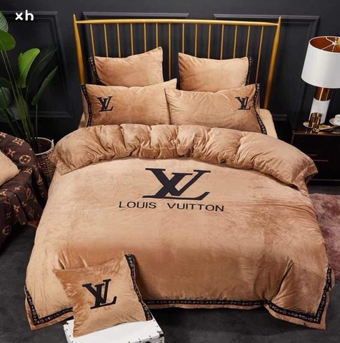 Bộ Nỉ Nhung Thêu LV Vàng Nâu