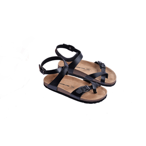 Sandal unisex xỏ ngón cổ xoắn da pu đen handmade