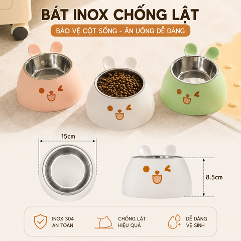 Bát chống gù tai thỏ lõi inox 12cm - Cutepets